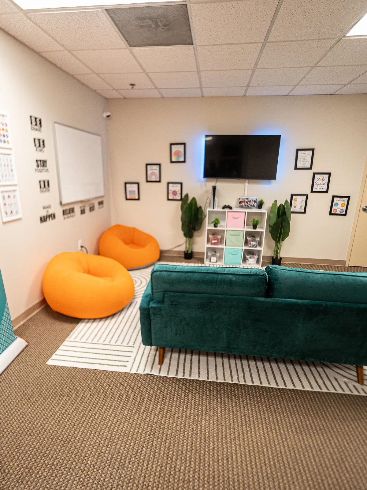 A bright group room with a television, shelves and bean bag seating